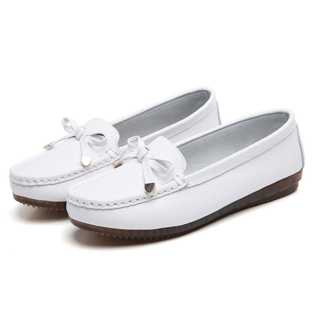 Mocassins femme cuir véritable avec semelle souple antidérapante et nœud décoratif