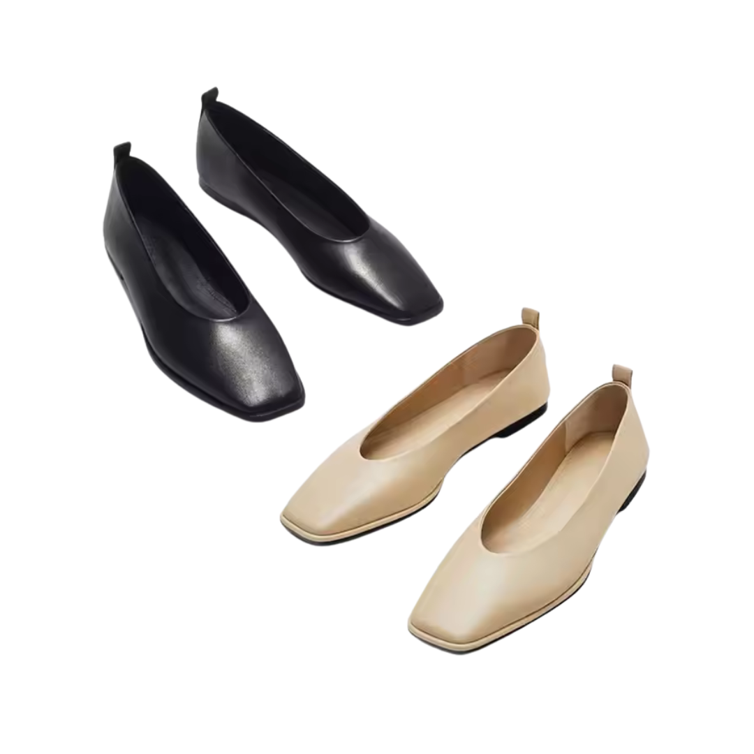 Ballerines femme cuir véritable bout carré, doublure peau de mouton, noir ou beige