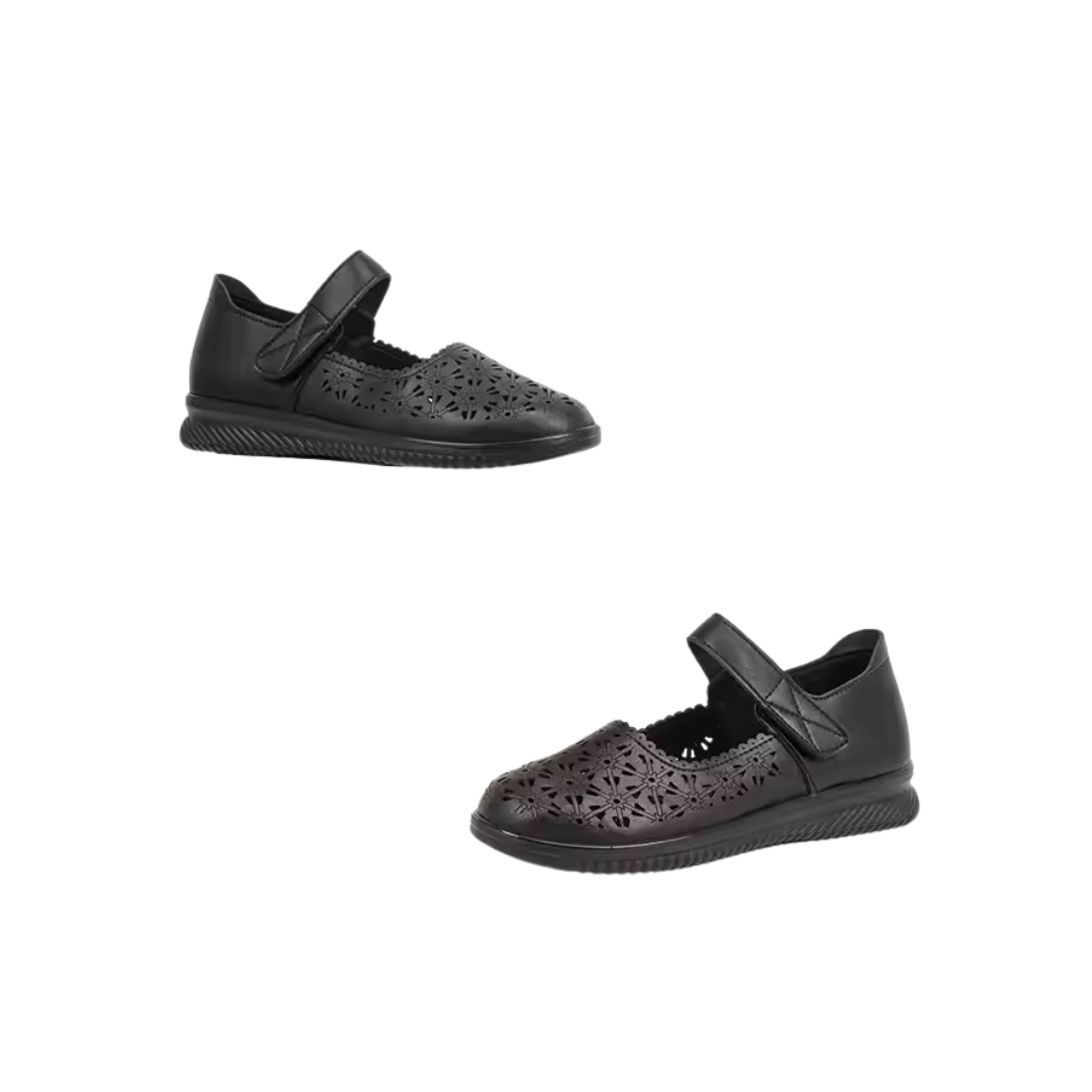 Chaussures plates noires en PU souple avec bride à scratch et motifs ajourés pour femme