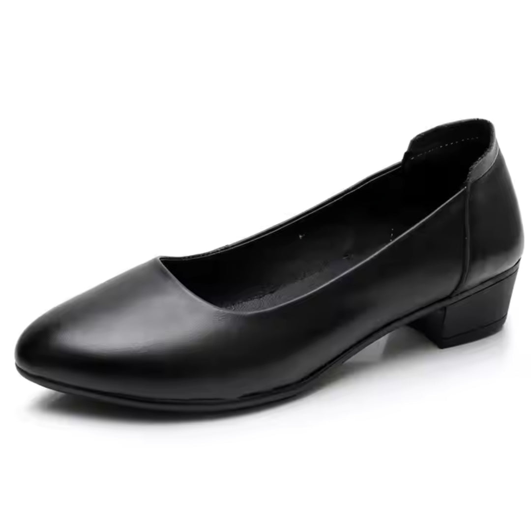 Chaussures femme cuir noir à talon carré bas, confort slip-on classique