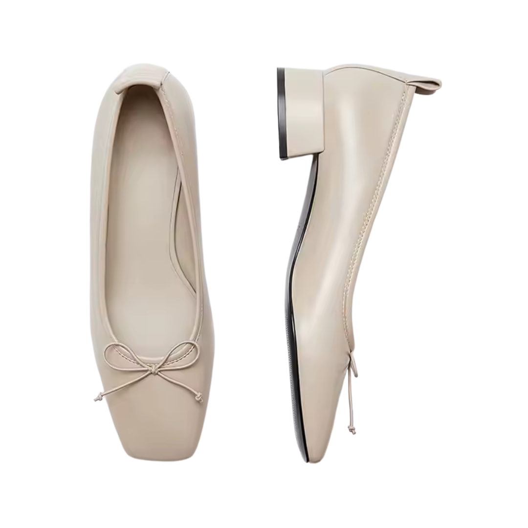 Ballerines femme en cuir véritable à bout carré avec nœud décoratif, semelle antidérapante
