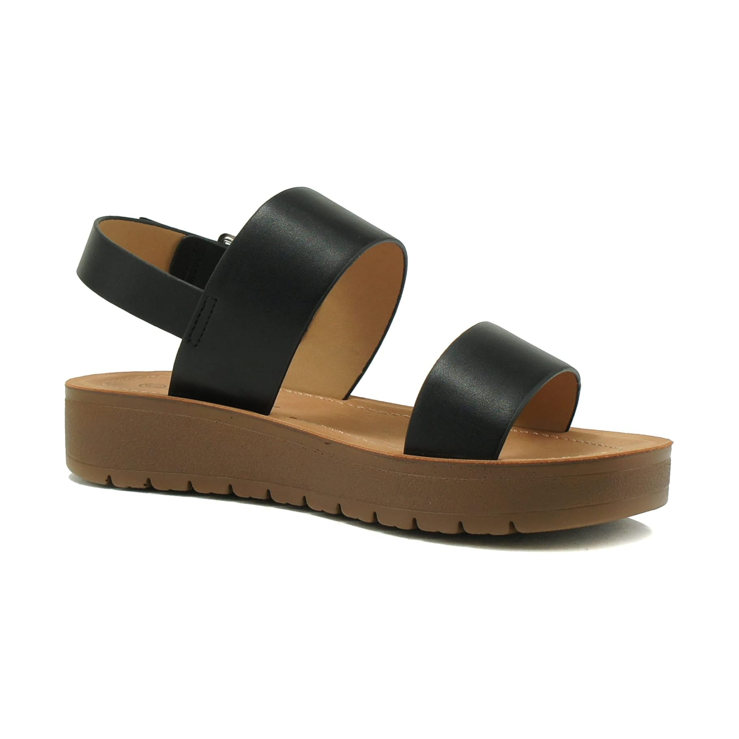 Sandales noires à brides larges, semelle plateforme légère et bride cheville réglable pour femme