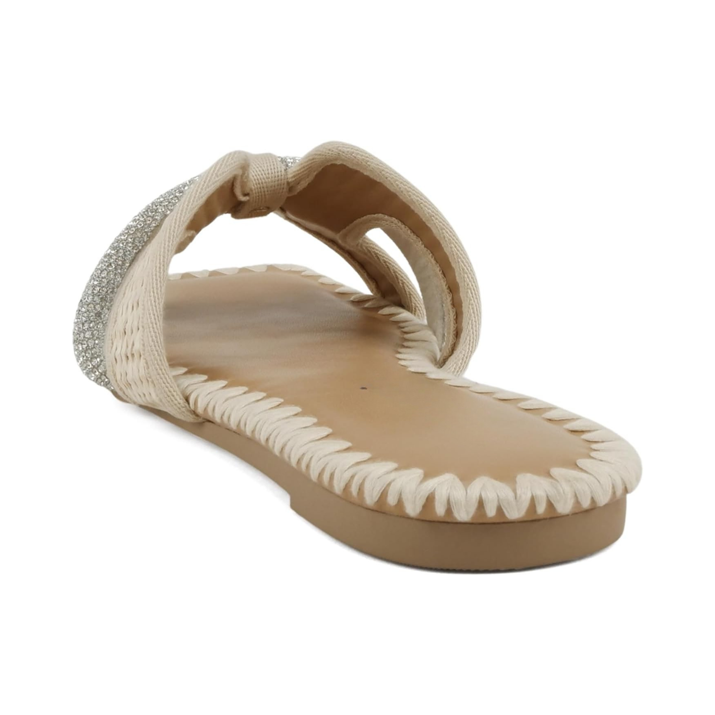 Sandales pour femme plates en raphia crème à bout carré avec brides croisées et strass