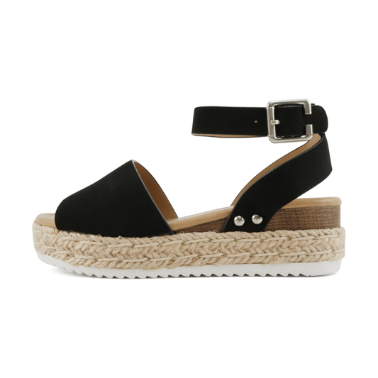 Sandales compensées noires en nubuck vegan, bride cheville et semelle corde pour femme