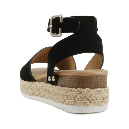 Sandales compensées noires en nubuck vegan, bride cheville et semelle corde pour femme