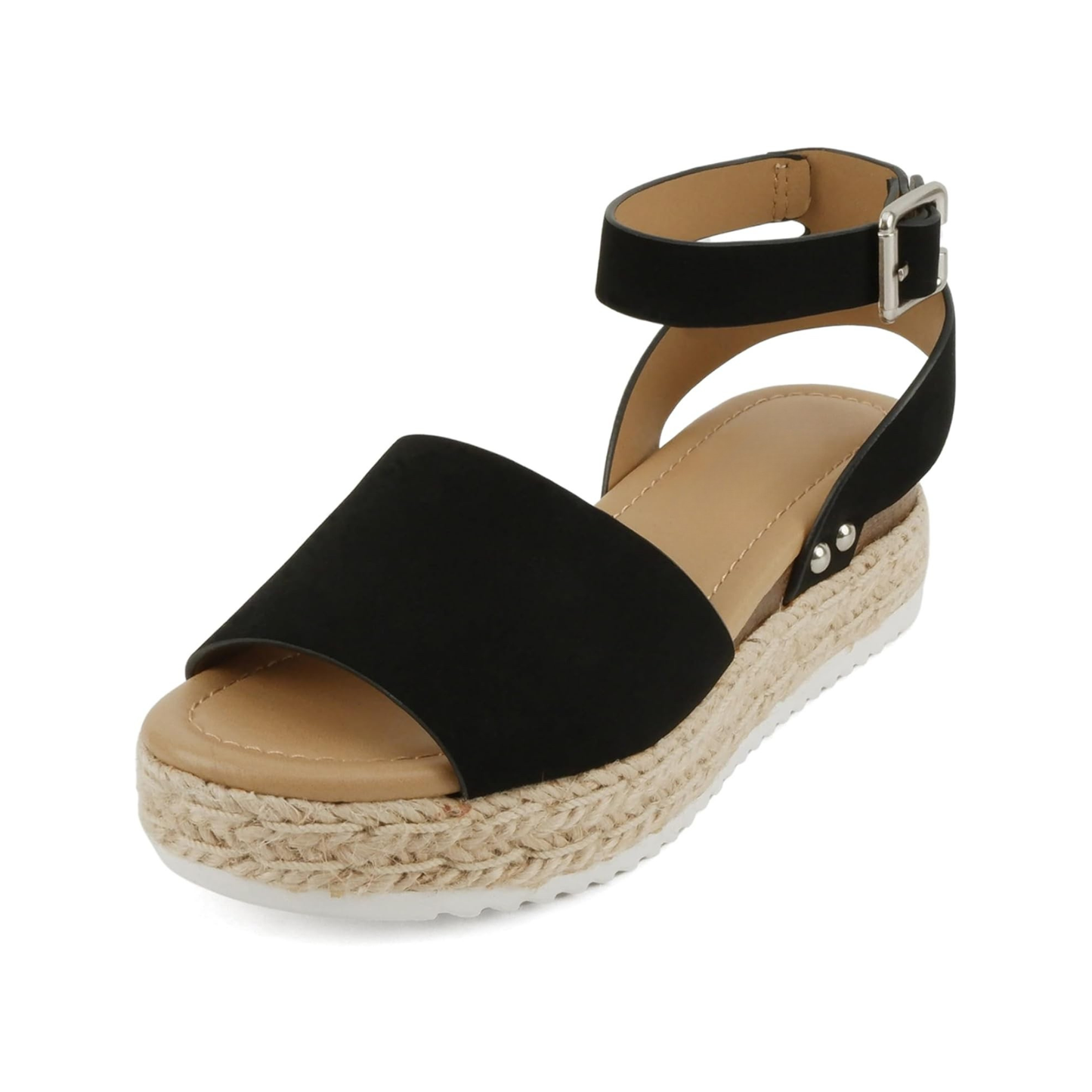 Sandales compensées noires en nubuck vegan, bride cheville et semelle corde pour femme