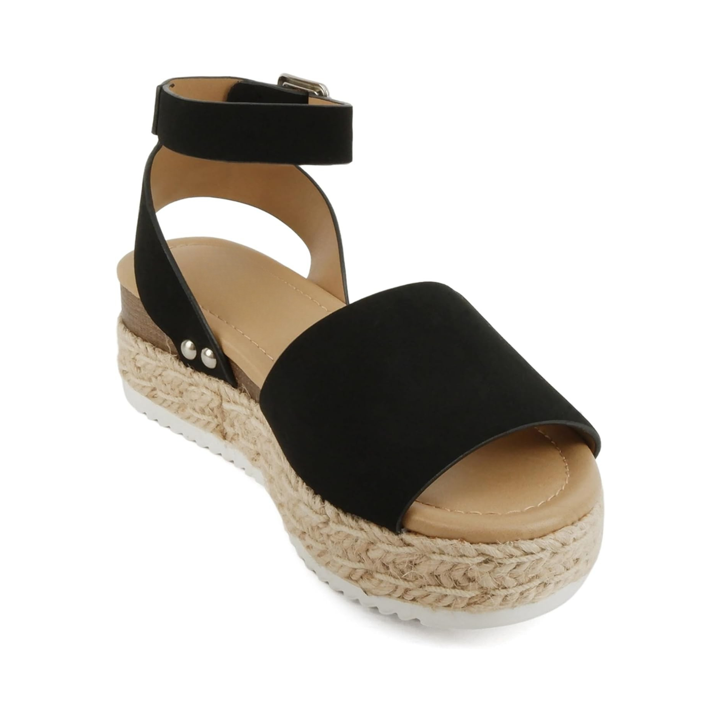 Sandales compensées noires en nubuck vegan, bride cheville et semelle corde pour femme