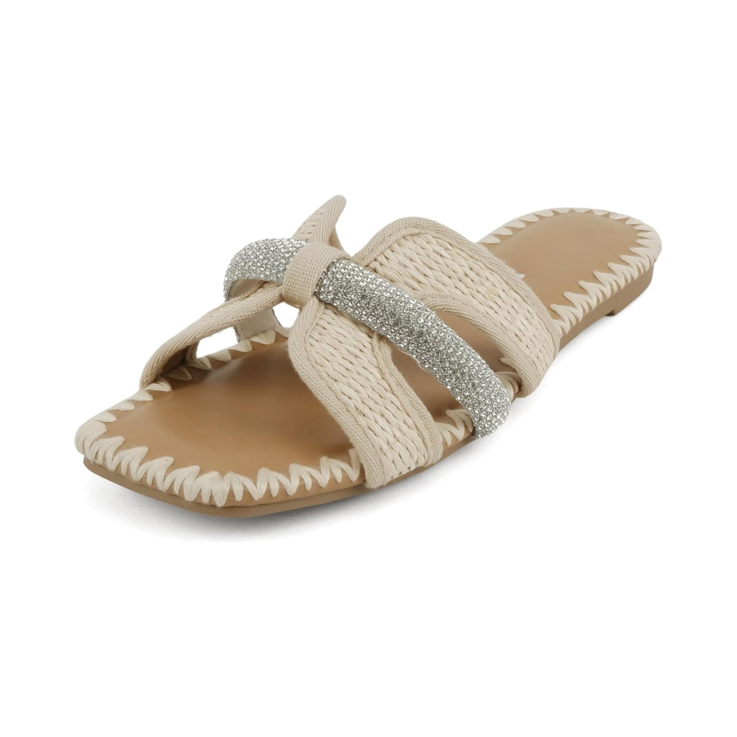 Sandales pour femme plates en raphia crème à bout carré avec brides croisées et strass