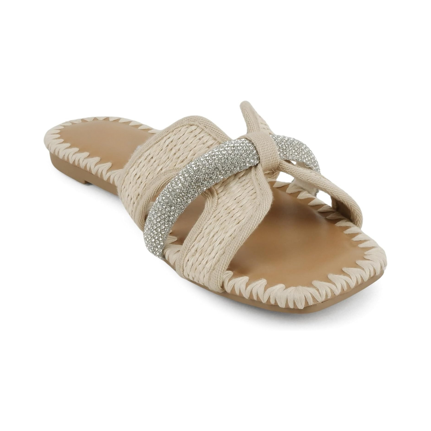 Sandales pour femme plates en raphia crème à bout carré avec brides croisées et strass